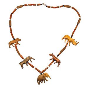 African Safari Animal Hand-Carved Wood Necklace Beaded Lion Rhino Elephant Zebra